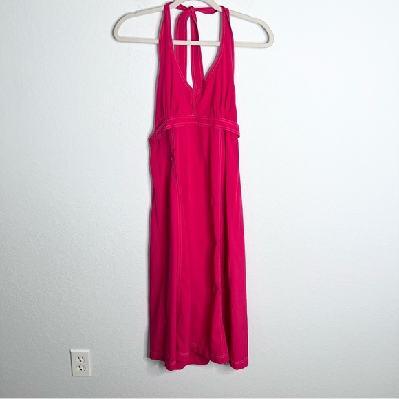 Athleta Pack Everywhere Halter Dress 12 Tall Barbie Pink Fit & Flared V Neck FF - Picture 2 of 11